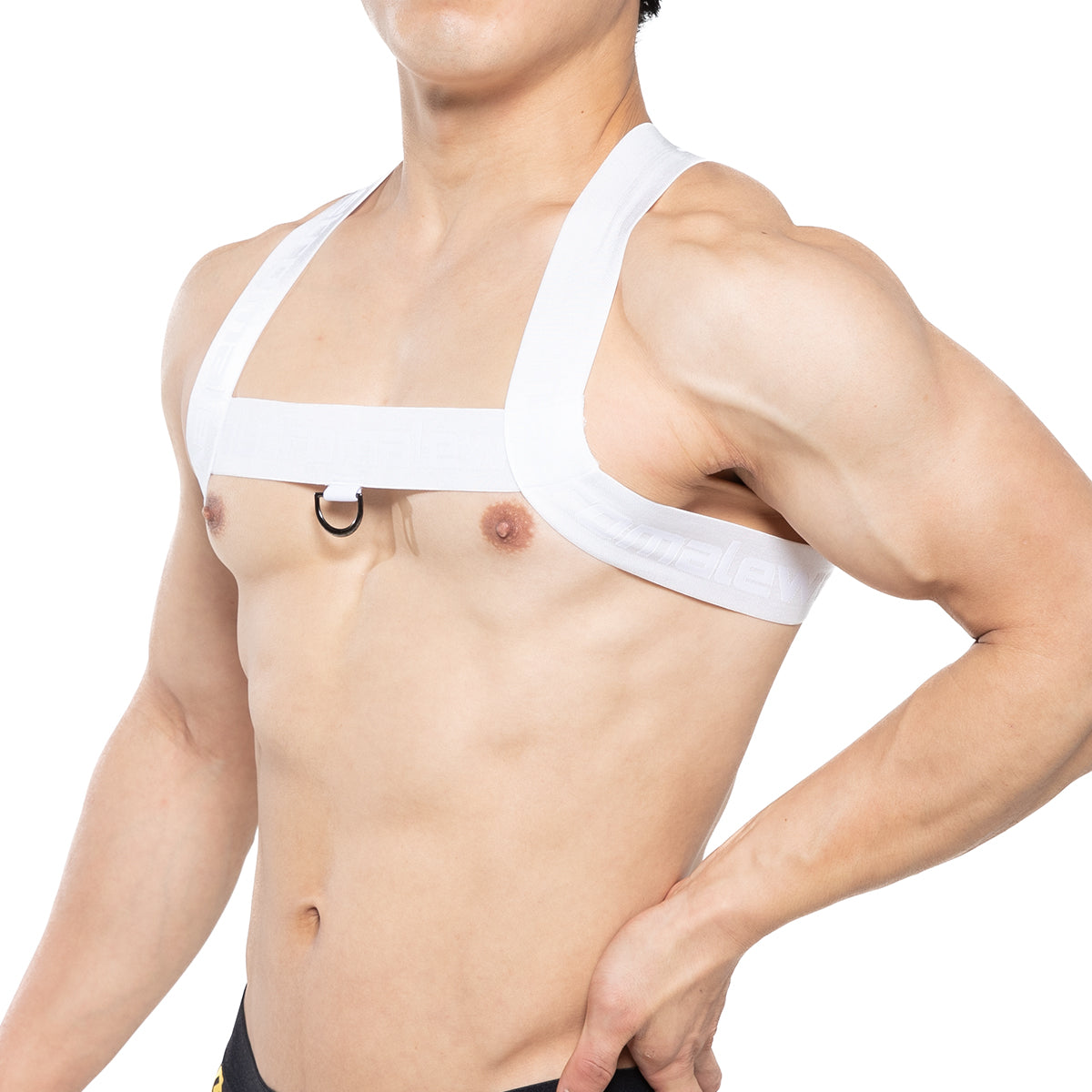 White fabric brutual harness by metromalewear with adjustable shoulder straps and central metal ring