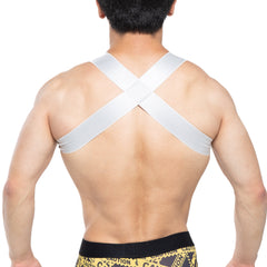 White cross-back support strap of metromalewear steel harness 1400-10 showing back side design