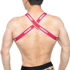 Red and white striped cross-back athletic supporter with bold million branding metro male wear brutal harness red