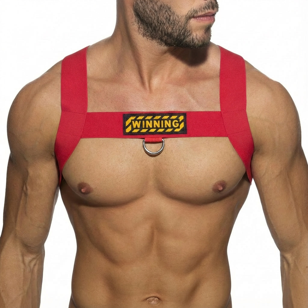 Red fabric MetroMaleWear winning harness with yellow black patch and metal ring for secure wearable use
