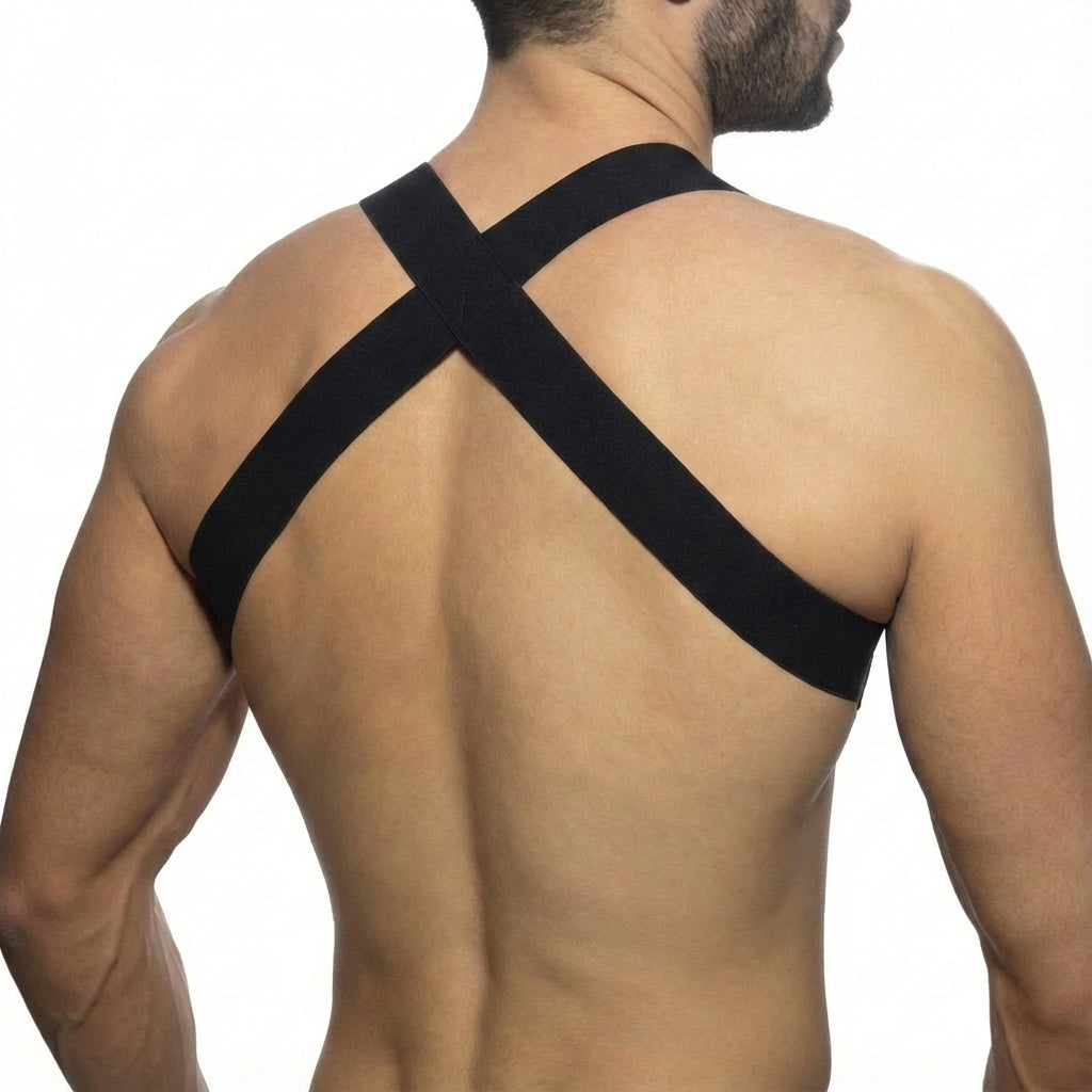 MetroMaleWear winning harness black elastic strap worn across the back for adjustable secure fit and comfort