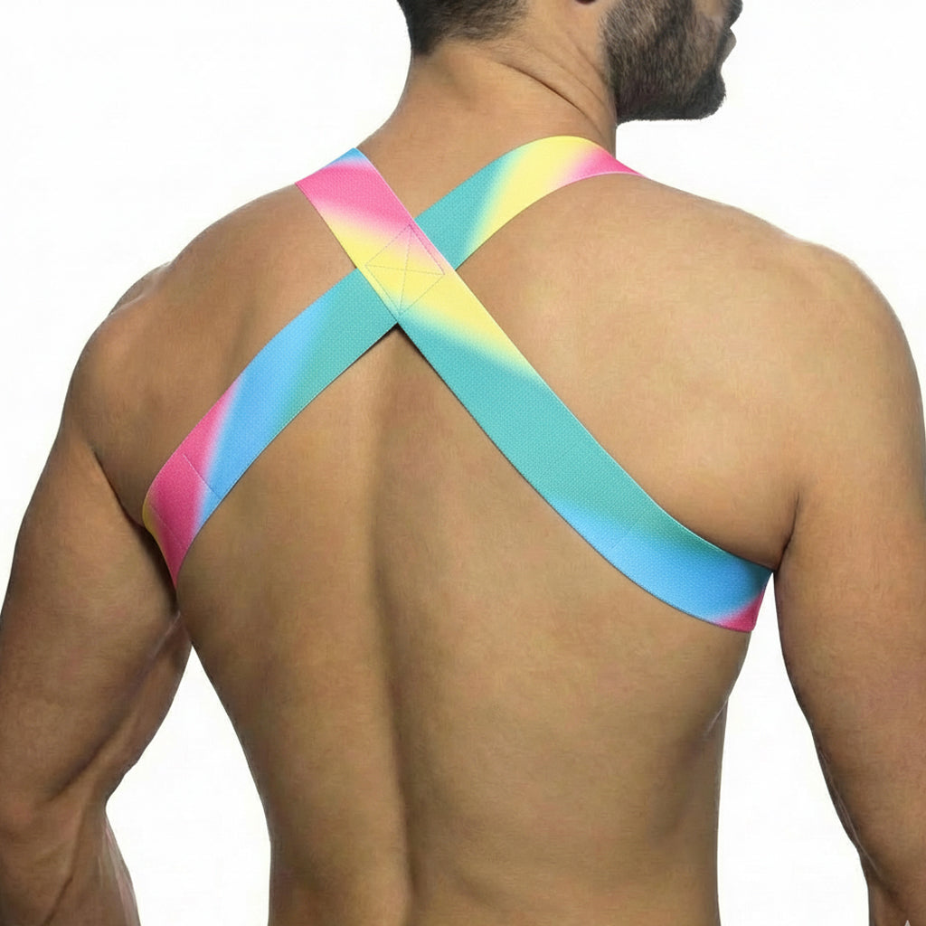 MetroMaleWear pastel harness 1400-50 vibrant rainbow-colored crossback sports bra with smooth stretchy fabric design