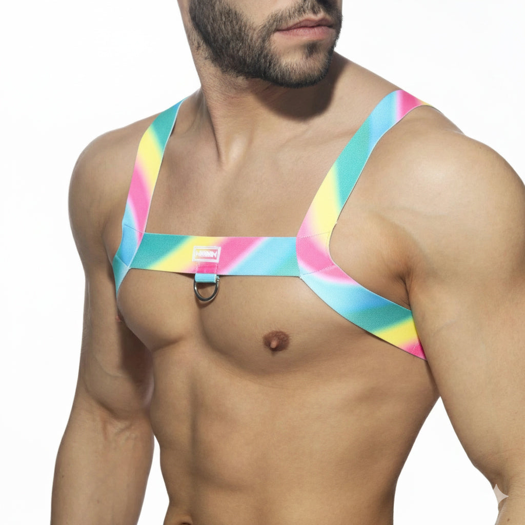 A vibrant rainbow-striped pastel harness by MetroMaleWear with central metal ring and adjustable straps