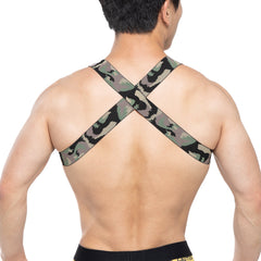 Back view of metromalewear military harness featuring camouflage-patterned elastic straps for secure fit