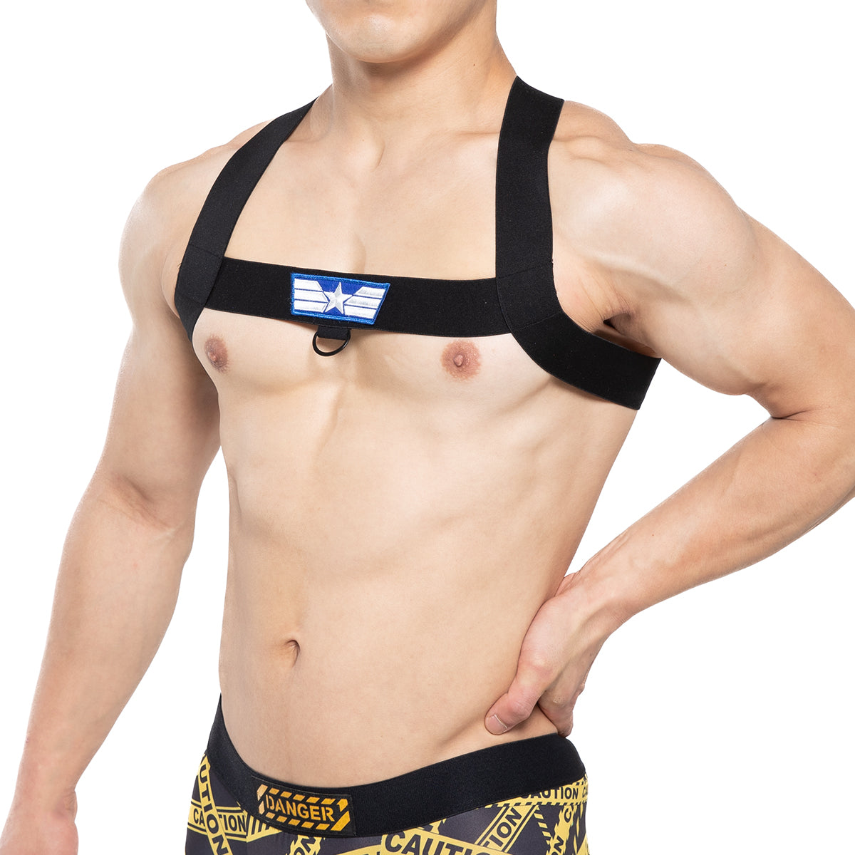 Black fabric MetroMaleWear Sergant harness with blue and white star emblem on chest strap for stylish wear