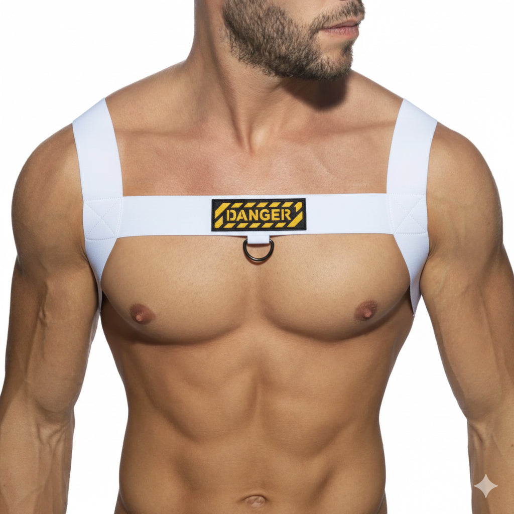 White fabric harness with metal ring and black and yellow danger patch from MetroMaleWear model 1400-63