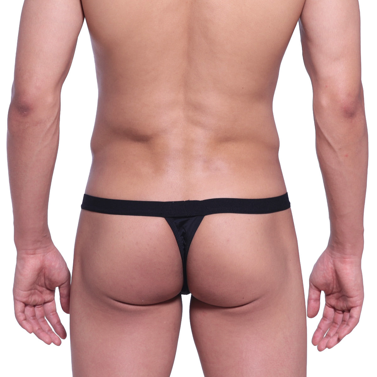 MetroMaleWear big pouch thong black made of smooth stretchy fabric with a narrow waistband shown from the back side