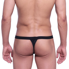 MetroMaleWear big pouch thong black made of smooth stretchy fabric with a narrow waistband shown from the back side