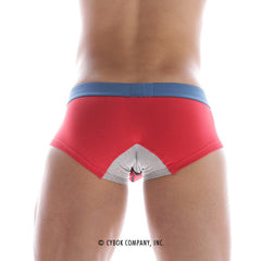 Back view of metromalewear micro mini boxer red 7013-12 red briefs with blue waistband and white triangular design
