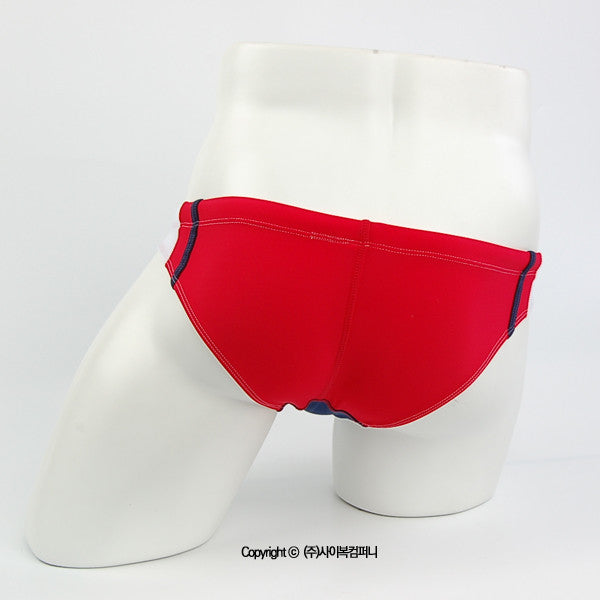 Red swim bikini from metroMalewear california featuring navy blue trim and stitching, model 4921-12