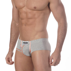 Gray heathered cotton briefs with orange trim and a white nomad label from metromalewear punto grey 7003-10