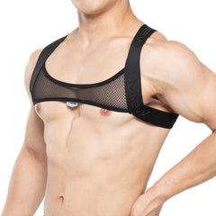 Black mesh sports bra with adjustable shoulder straps and branded tag from MetroMaleWear tank top harness 1500-20