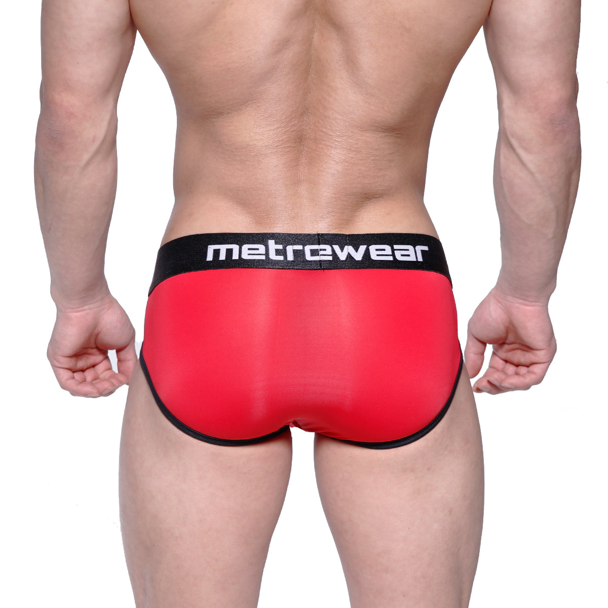 Red metrowear max bulge briefs featuring black trim and waistband designed for comfort and support