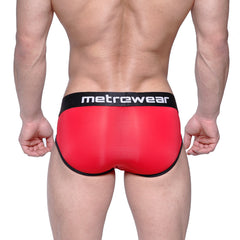 Red metrowear max bulge briefs featuring black trim and waistband designed for comfort and support
