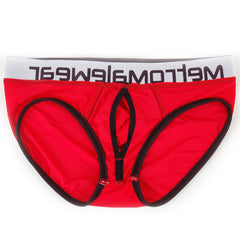 Red mens briefs metroMalewear max bulge brief with black trim and white waistband featuring bold brand lettering