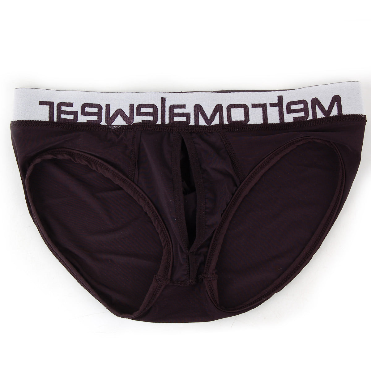 Black mens briefs with white elastic waistband featuring meltomwear logo in black for comfortable everyday wear