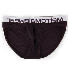Black mens briefs with white elastic waistband featuring meltomwear logo in black for comfortable everyday wear