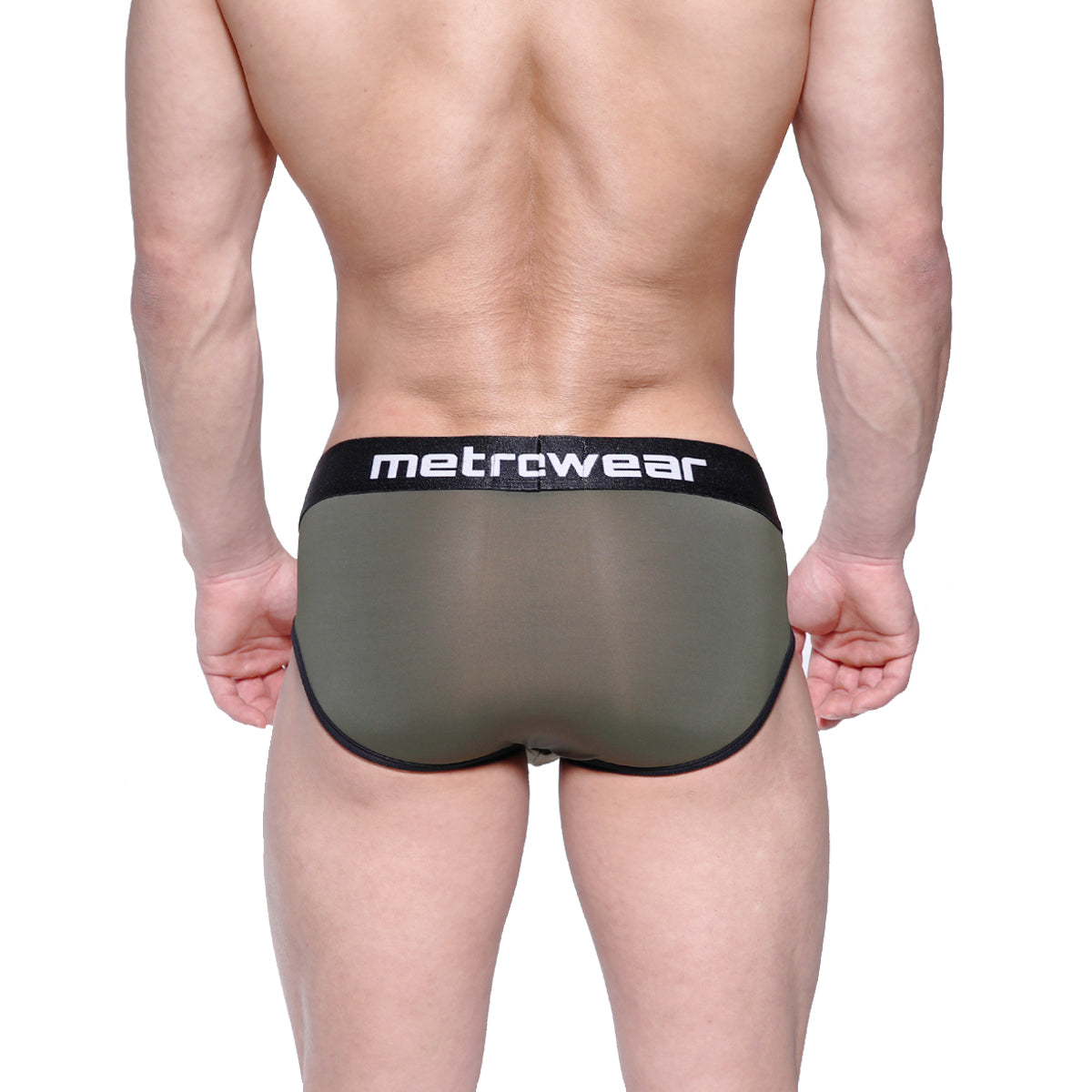 Olive green sheer mesh briefs with black elastic waistband and metrcwear branding from metro malewear max bulge brief 1503-26