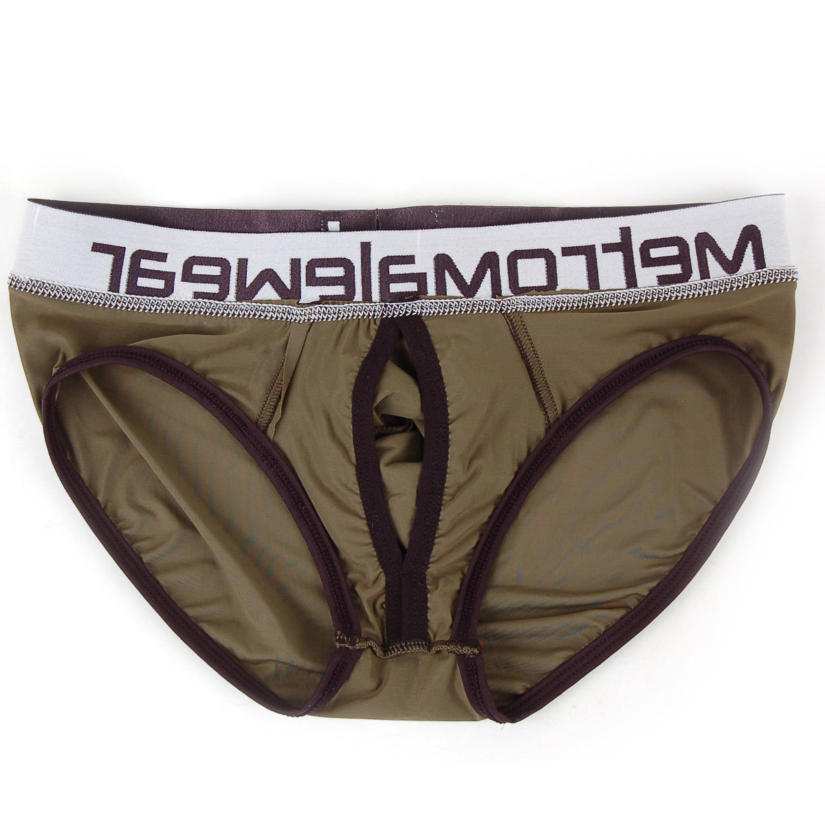 Metro malewear max bulge brief green 1503-26 olive green men’s underwear with dark brown trim and white meltrowear waistband