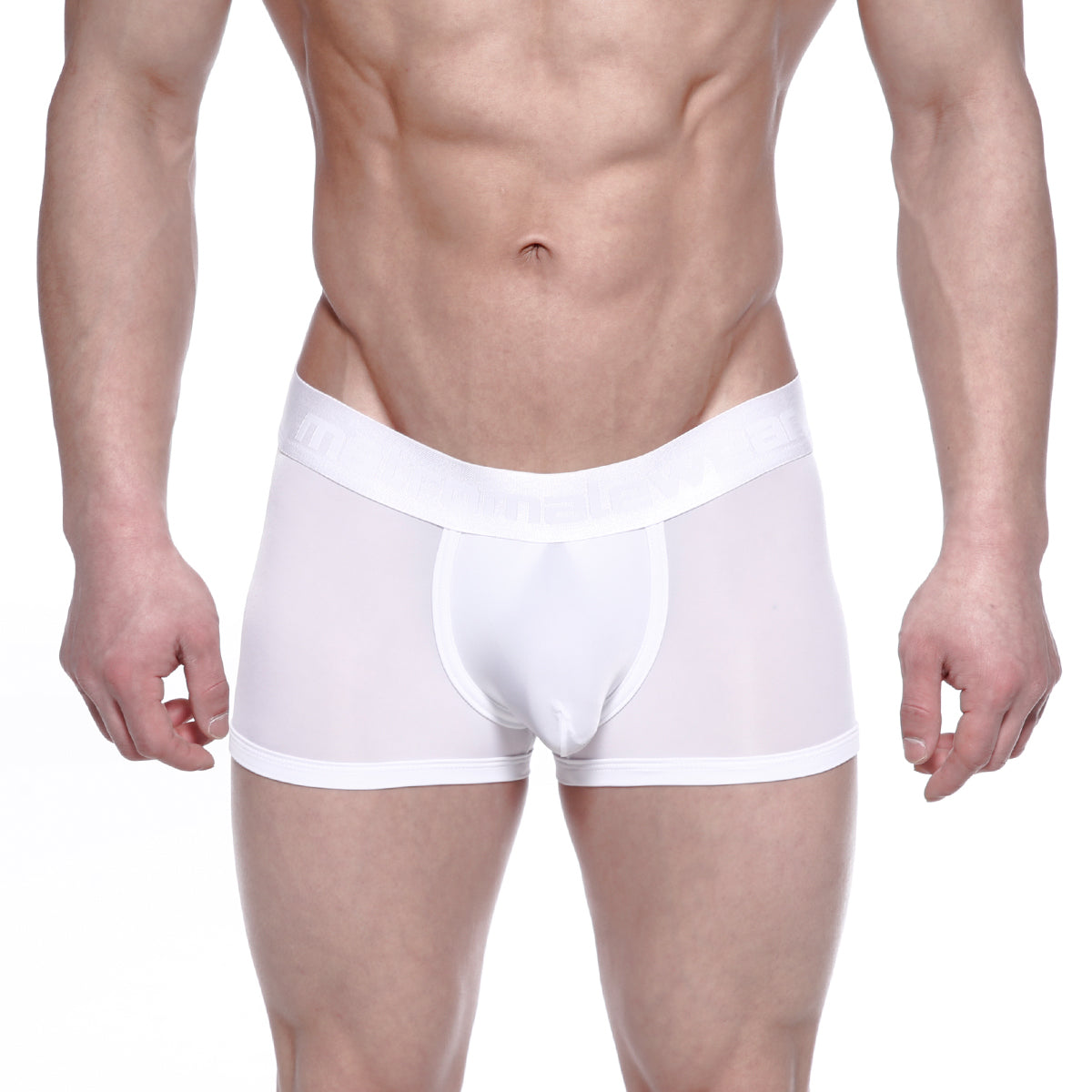 White sheer metro malenwear max bulge boxer briefs with solid white waistband and leg openings