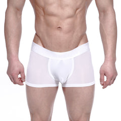 White sheer metro malenwear max bulge boxer briefs with solid white waistband and leg openings