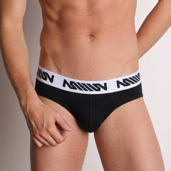 Black mens briefs with white elastic waistband featuring bold miliv branding metro male wear basic hip brief black 1703-20