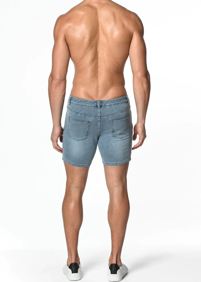 Short en maille stretch en denim délavé