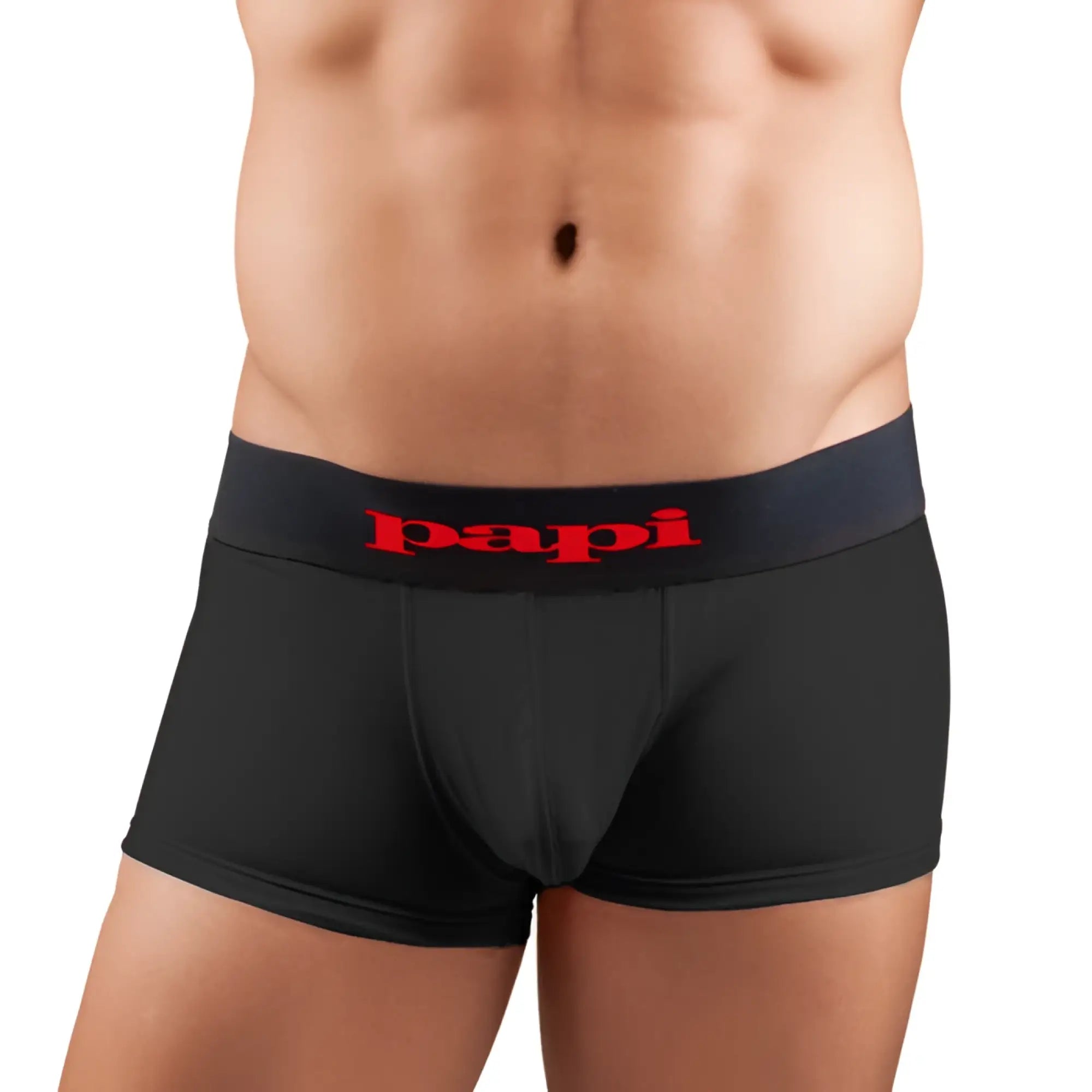 Black papi brand microfiber boxer briefs with a red logo waistband part of 2 pack cool solid brazilian trunk underwear