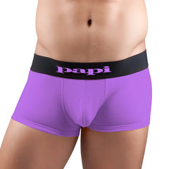 Purple papi brand microfiber Brazilian trunk boxer briefs with black waistband and pink papi logo size small