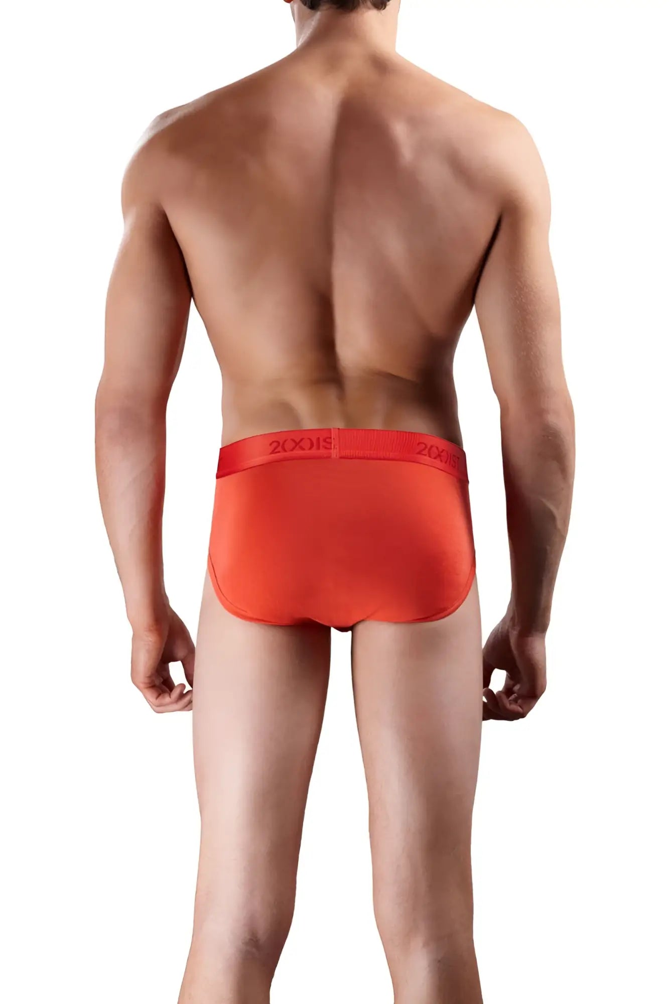 Bright orange 2xist cotton contour pouch briefs with matching waistband and red 20xx logo size small