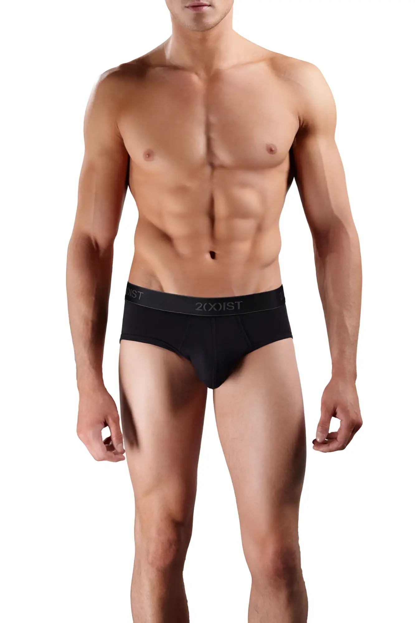 Black men’s 2xist cotton contour pouch briefs in black charcoal and red with sleek form-fitting design and logo waistband
