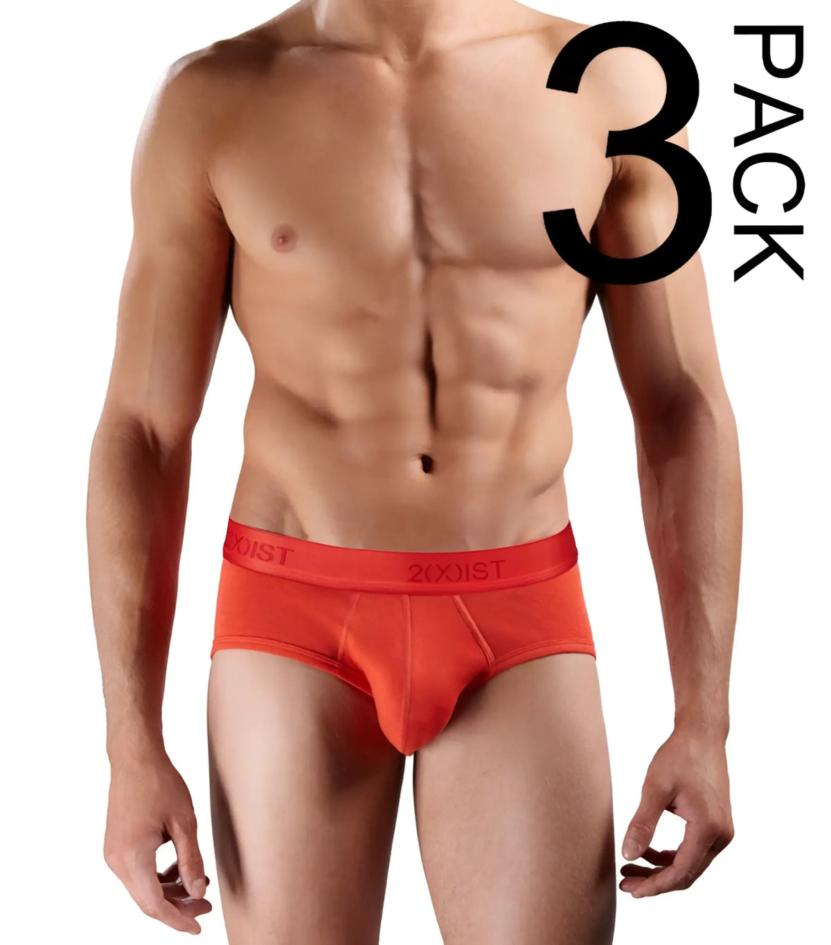 Bright orange 2xist cotton contour pouch briefs with black logo waistband in size small from a 3 pack set