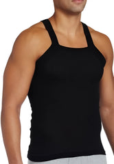 Black form-fitting 2xist essential square cut tank top with wide shoulder straps in size large