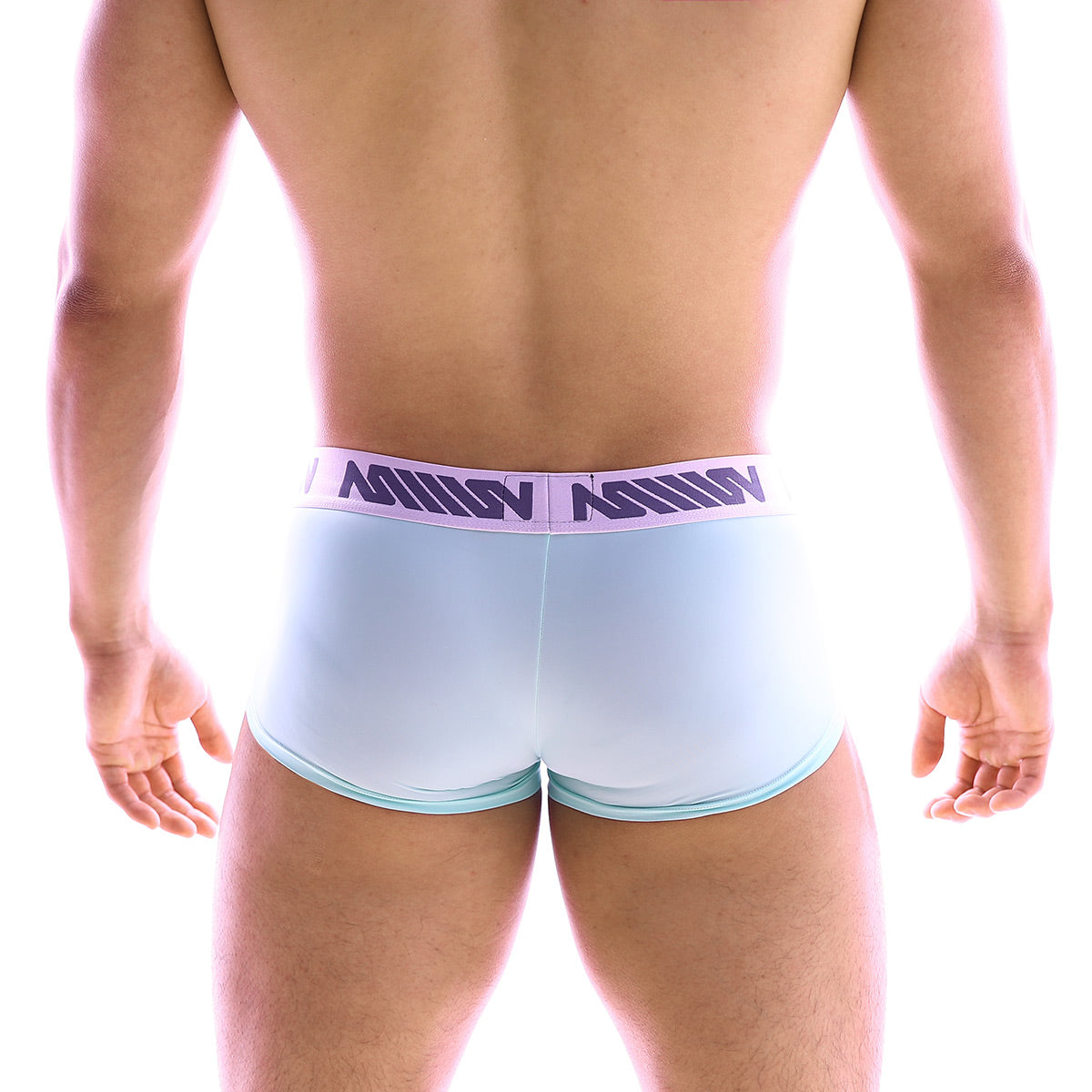 Light blue men’s briefs with purple logo waistband band from MetroMaleWear Asian Short Boxer Green 2026-07 collection