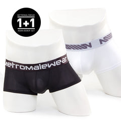 Black and white metromalewear asian short boxer set on mannequins made of soft breathable fabric for everyday wear