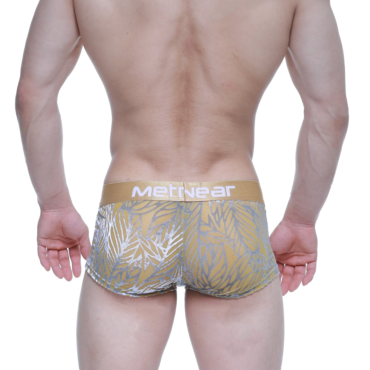 MetroMaleWear elegant short boxer 2026-65 gold and silver leaf patterned men’s briefs with metallic waistband front view