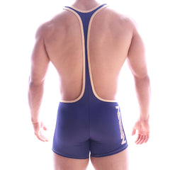 MetroMaleWear Olympian singlet navy 2094-28 navy blue wrestling singlet with beige trim and stylized side logo