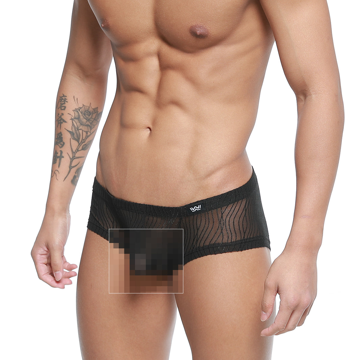 Black mesh briefs with a subtle wavy pattern and small white logo on the waistband metro malewear bruma trunk 2125-30