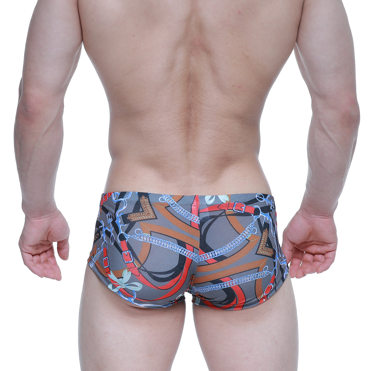 Gray MetroMaleWear Padu Trunk 2125-34 swim trunks with bold orange red and blue chain pattern and metallic accents