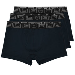 Black sheath 2.1 bamboo men’s dual pouch trunks with gray geometric waistband in a 3 pack set
