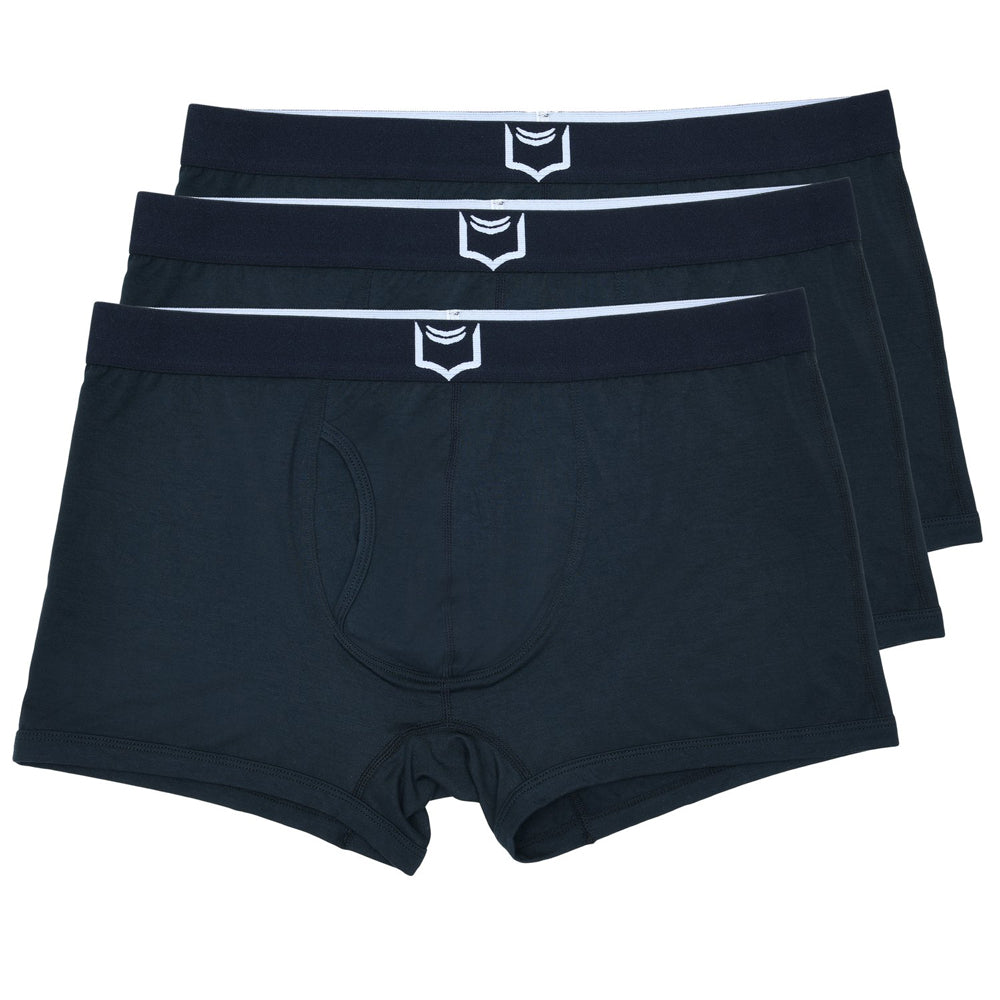 Black sheath 2.1 dual pouch trunks boxer briefs with white logo trim on waistband in a 3 pack bundle