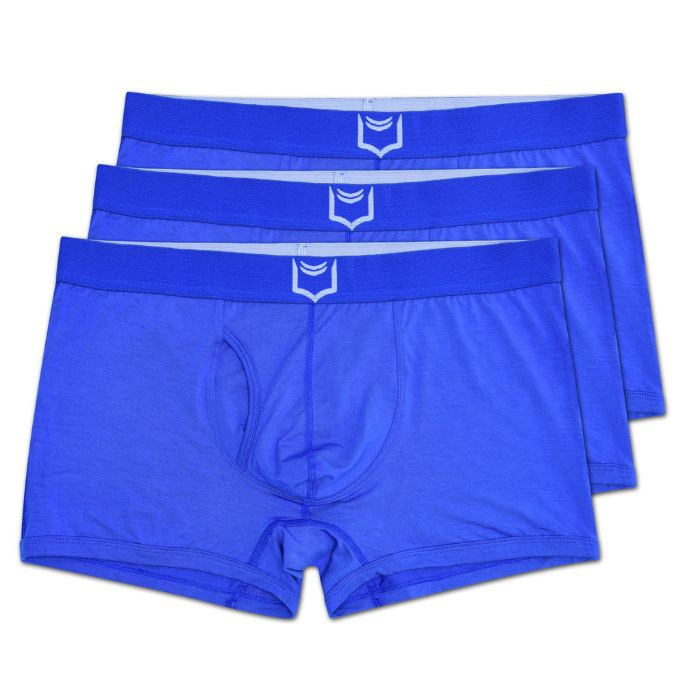 Bright blue sheath 2.1 dual pouch trunks men’s boxer briefs with white shield logo on waistband in 3 pack bundle