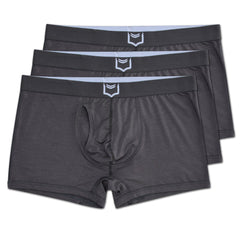 Dark gray men’s sheath 2.1 dual pouch trunks boxer briefs with white shield logo on waistband in 3 pack bundle