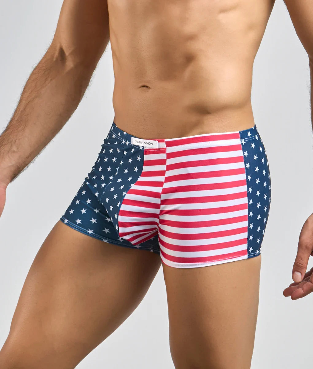 Justin + simon classic boxer American flag-themed boxer briefs with red and white stripes and blue star sides