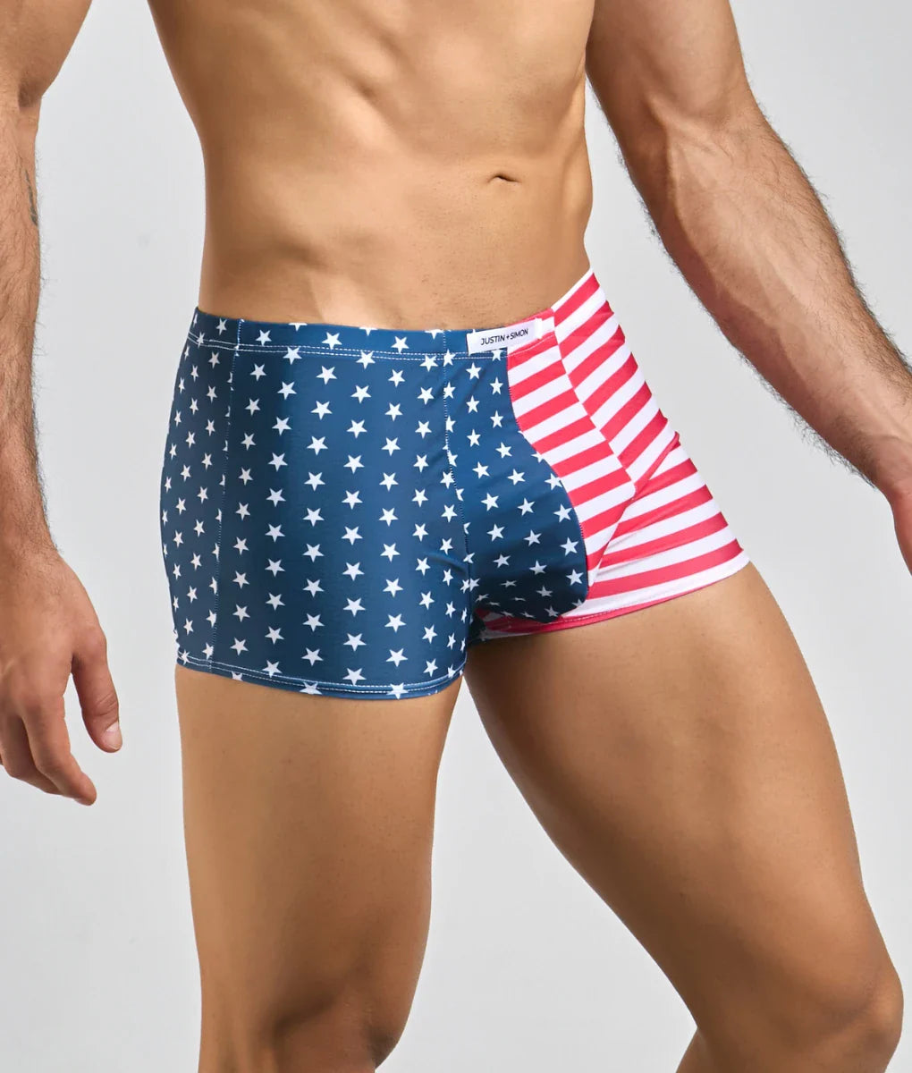 Justin simon classic boxer blue and red american flag-themed boxer briefs with white stars and red stripes label