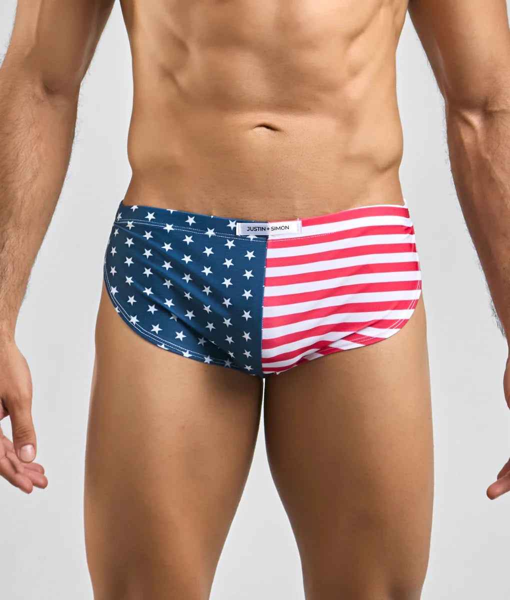 Justin Simon running short men’s briefs in red white and blue with star spangled left and striped right side