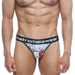 Black and white floral-patterned metroMalewear basic thong escobar 2502-09 with red accent on waistband front view