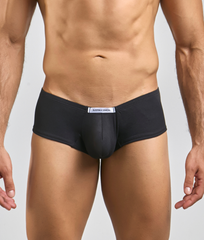 Black justin and simon men’s cheeky bulge boxer briefs with smooth form-fitting fabric and subtle brand tag at waistband