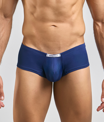 Navy blue Justin Simon men’s briefs with smooth form-fitting fabric and subtle brand tag at waistband for comfort