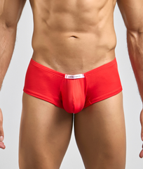 Bright red form-fitting men’s briefs with central pouch and white waistband label from justin simon cheeky bulge boxer peach